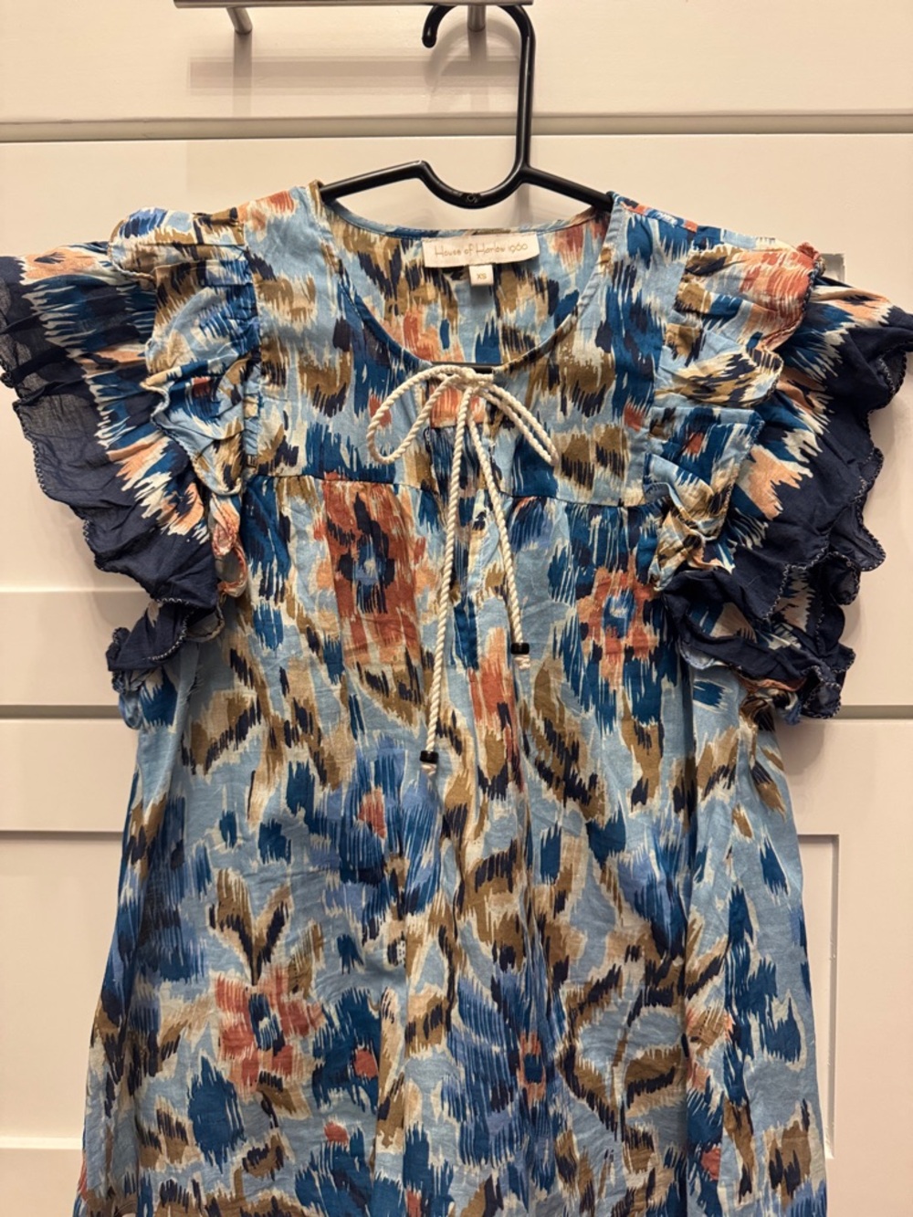 House of Harlow 1960 100% Cotton Blue Multi Floral Ruffle Sleeve Blouse Sz XS